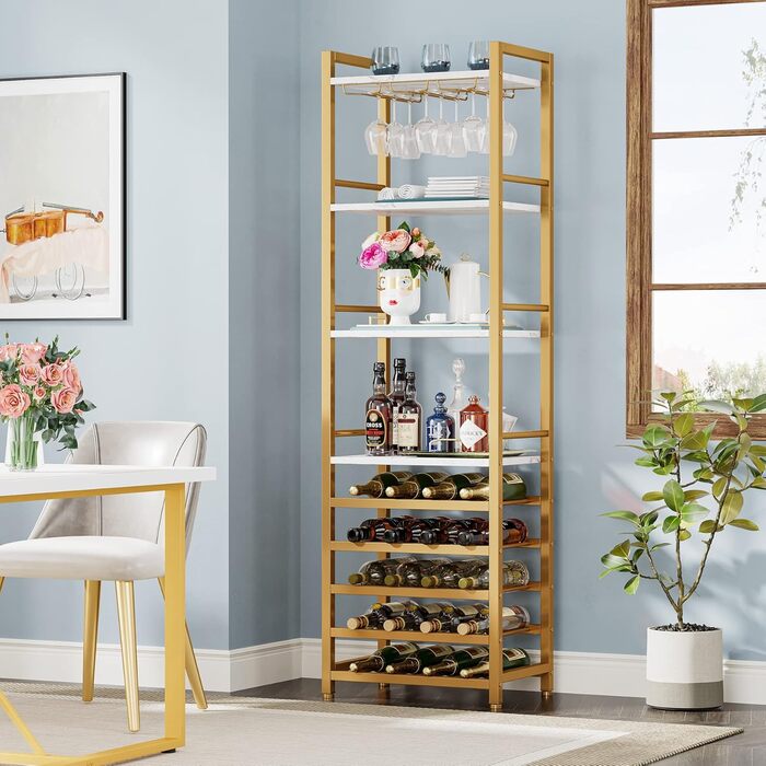 Tribesigns 20 Bottle Wine Baker's Rack, Freestanding Floor Wine Rack, 9 Tiers, Industrial Freestanding Wine Rack Wine Bar with Glass Holder Bottle Rack for Bar, Kitchen, Dining Room, (Gold, 2 PC)