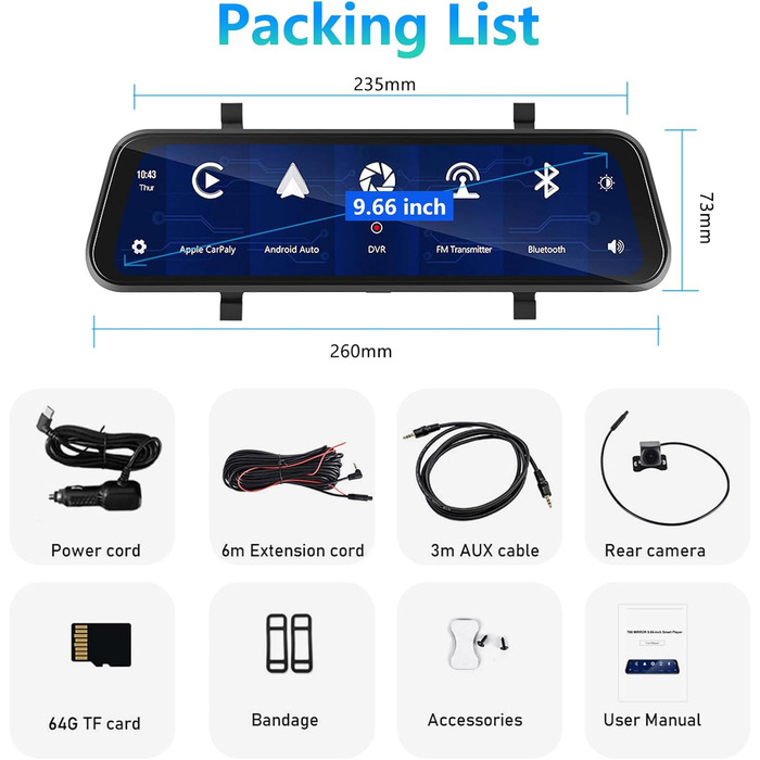 Дзеркало-відеореєстратор Podofo 9.66