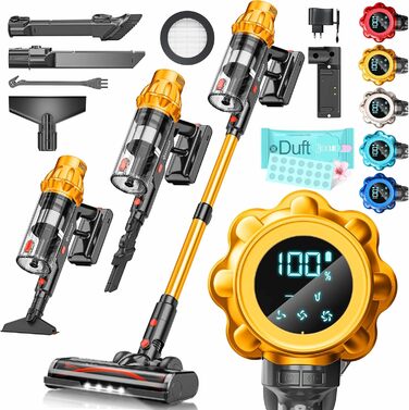 Бездротовий акумуляторний пилосос KESSER® з LED дисплеєм, до 70 хв роботи | Бездротовий пилосос без мішка з антизаплутувальною насадкою для твердих поверхонь, килимів та шерсті тварин (Помаранчевий / Жовтий)