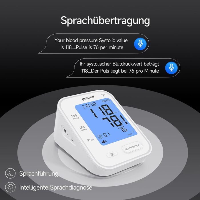 Тонометр Yuwell Intelligentes Oberarm Bluetooth YE650AR | Манжета 22-45 см, мовлення, дисплей з підсвіткою, акумулятор, додаток iOS & Android