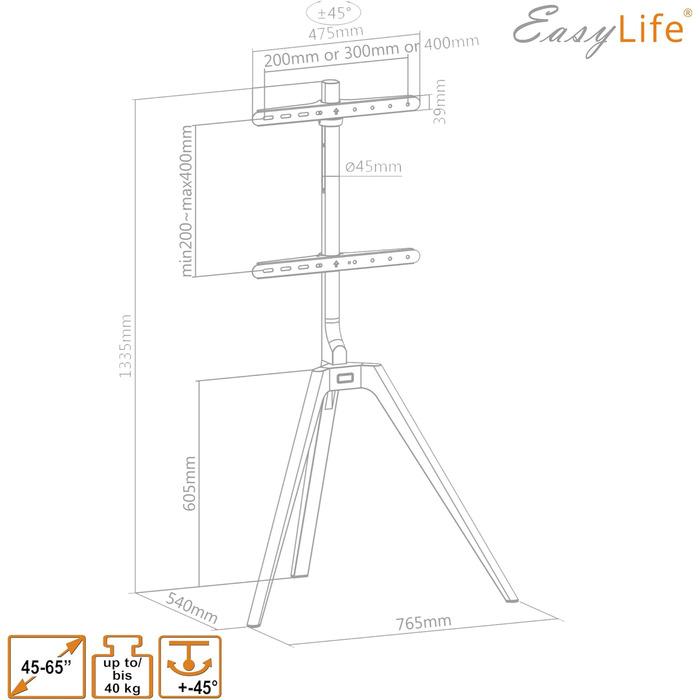 Стійка для телевізора EasyLife з дерева, трипод, для телевізорів/моніторів до 65 дюймів, 40 кг, поворотна, регульована по висоті, з кабелеуправлінням, VESA до 400x400 (Чорний/Бук)