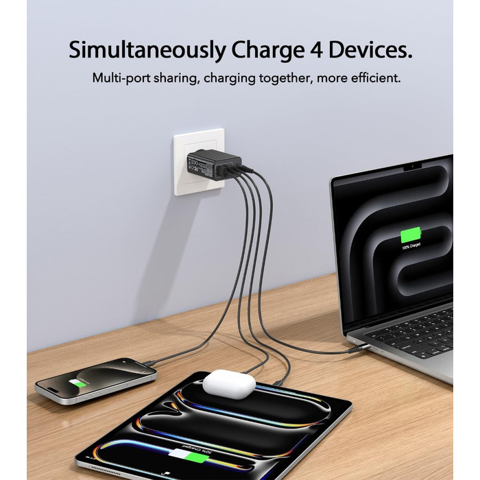 Зарядний пристрій USB-C 65W з 3 портами, кабель 2м, для MacBook, iPhone, Switch, Galaxy, Tablet, Laptop (Чорний)