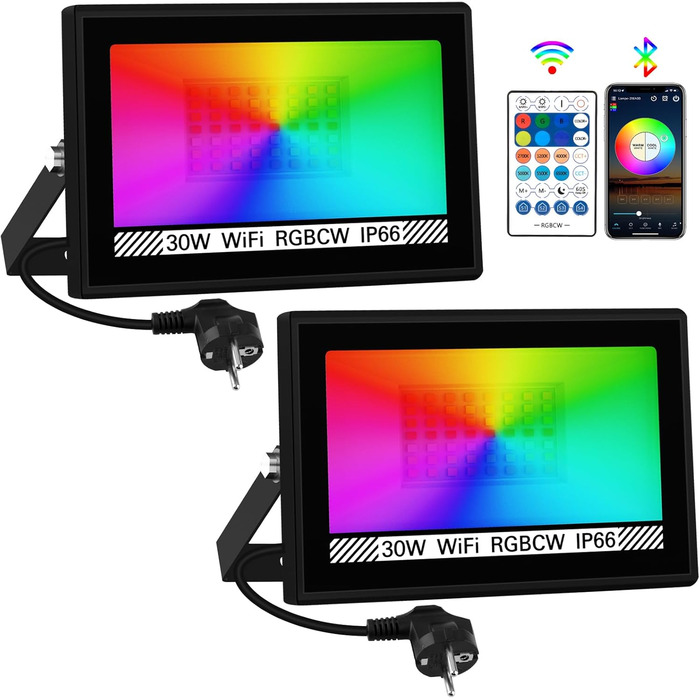 T-SUNUS LED Flood Light Outdoor 100W, Super Bright Outdoor Floodlight Cool White Spotlight IP66 Waterproof 11000LM for Driveway Garage Path Garden 2 Pack (2 Pieces, 30w-wifi)