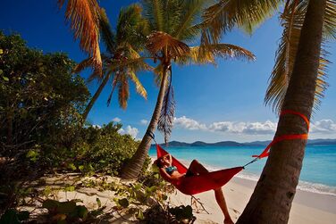 Гамак подвійний ENO DoubleNest Print Berge zum Meer, сірий/червоний, для 1-2 осіб - легкий кемпінговий гамак