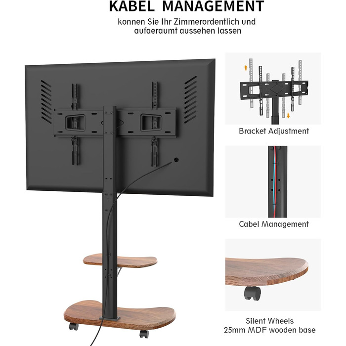 Підставка для телевізора Stellar на колесах з полицею, біла (волоський горіх), для телевізорів 32-70 дюймів, до 45 кг, VESA 600x400