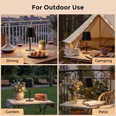 Світлодіодні настільні лампи бездротові 2 шт, димовані нічні лампи з сенсорним керуванням, акумуляторні, для приміщень та вулиці, 3 режими теплого світла, IP54 водонепроникні, металевий корпус, чорні