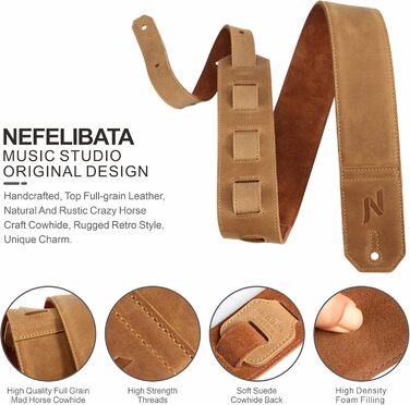 Накладки на гітару Nefelibata: шкіряний ремінь для бас-гітари, електрогітари та акустичної гітари (жовтий, тиснення Сахара)