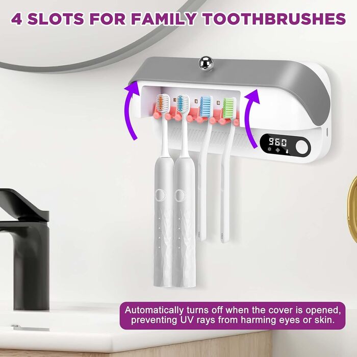 Bestcool Toothbrush Holder Wall Mount, UV Toothbrush Sterilizer with 4 Brush Slots, UVC Sterilization & Drying Electric Toothbrush Holder for Baby & Family, Bathroom Organizer