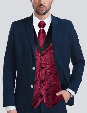 Костюмний жилет DiBanGu (5 шт.): жилет, краватка, нагрудна хустинка, запонки, кільце для краватки. Зелений/Чорний (L, Бордовий)