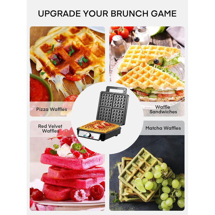 Вафельниця FOHERE з 4 пластинами, 1200W, бельгійські вафлі, антипригарне покриття, регулятор засмаги, нержавіюча сталь – ідеально для сімейного сніданку, чорний