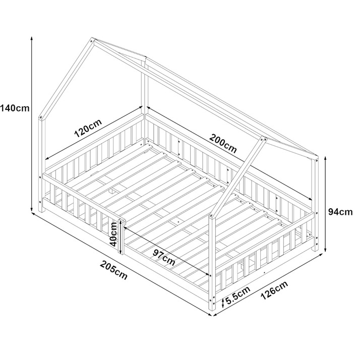 en.casa Kids Bed Hesel House Bed White 90 x 200 cm with Side Rails and Slatted Base, Floor Bed, Youth Bed, Wooden Bed