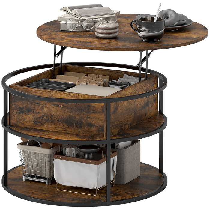 HOMCOM Adjustable Height Round Coffee Table Ø80 cm Living Room Table with Storage Shelf and Hidden Storage Space, Coffee Table Side Table for Living Room, Brown | Aosom
