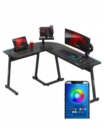 Ігровий кутовий стіл Huzaro Hero 6.0, чорний, RGB LED, регульовані ніжки