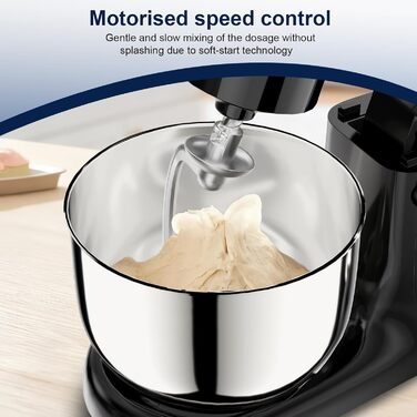 Кухонний комбайн-міксер Camic з LED-дисплеєм, 10 швидкостей, 3 насадки (вінчик, міксер, гак) та 2 чашами з нержавіючої сталі 4л і 5л для тіста, хліба та тортів, чорний