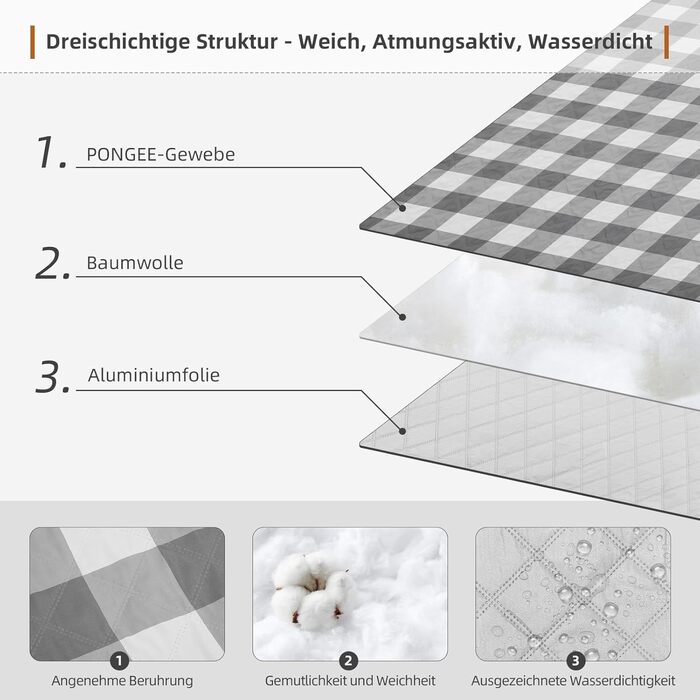 Плед для пікніка HAUSPROFI 200x200 см, водонепроникний, ізольований - великий плед для пікніка, пляжу, саду, кемпінгу. Бавовняний, з ручкою та кілочками, сіро-білий в клітинку