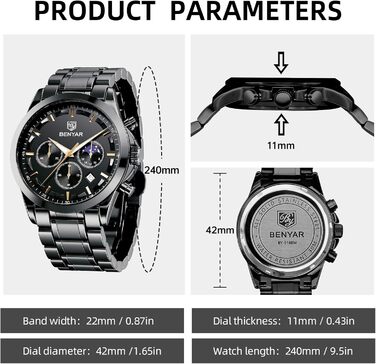 Годинник чоловічий Benyar 5160 чорний - Хронограф, аналоговий, кварц, водонепроникний, з датою | Чоловічий годинник для бізнесу та моди