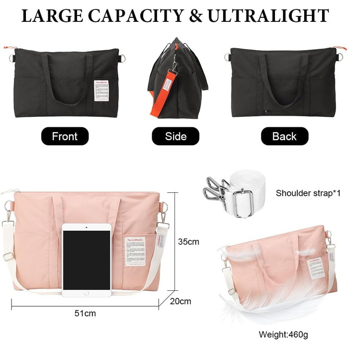 Спортивна сумка Flintronic для жінок, дорожня сумка-мішок, сумка на вихідні з чохлом для візка, водонепроникна, сумка для тренажерного залу, дорожня сумка, ручна поклажа для спорту, подорожей, літака (Рожева)