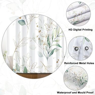 Штора для душу 120x200 см з евкаліптом, антигрибкова, акварель, водонепроникна, поліестер, з гачками для ванної кімнати