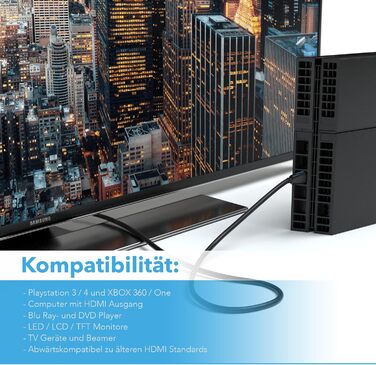 HDMI кабель JAMEGA 2.0 білий Ultra HD 4K@60Hz High-Speed Ethernet HDR ARC 3D 18Gbps, сумісний з PS5, PS4, PS3, XBOX Series S, Blu-Ray, DVD, саундбар, монітор (4м, чорний)