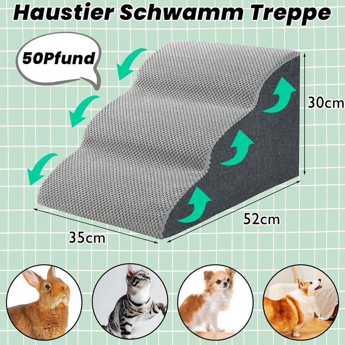 WGYTECH 4-Step Dog Stairs, Pet Staircase for Sofa and Bed, High-Density Sponge Dog Stairs, Washable Cover & Non-Slip Bottom, Dog Ramp for Dogs and Cats, L72xW40xH50cm (3-Step, 30cm High)