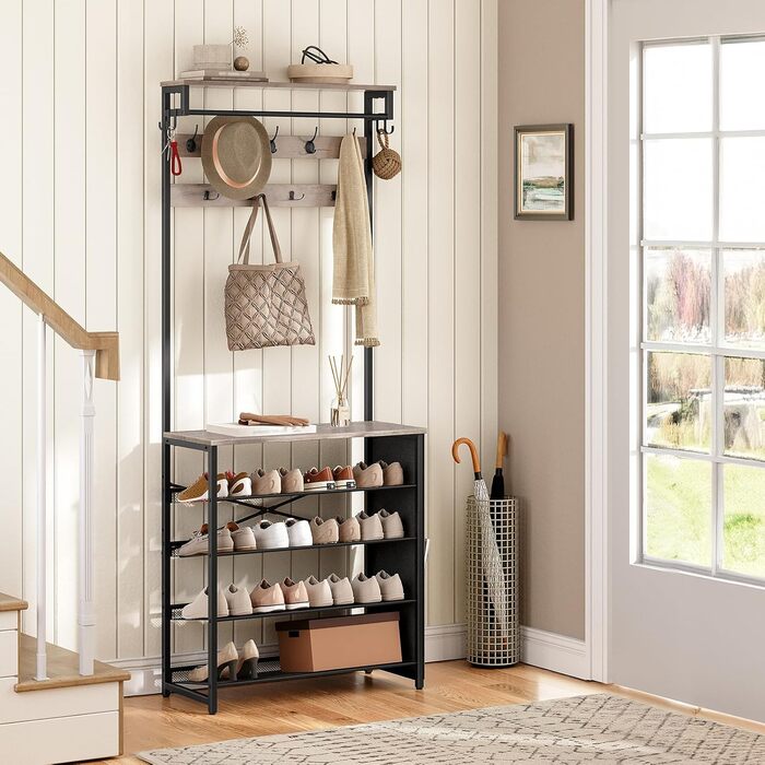 HOOBRO Coat Rack with Shoe Storage, Shoe Shelf with Coat Rack, Clothes Rack with 5-Tier Shoe Storage, Coat Rack with Shoe Cabinet, Adjustable Metal Grid Shelf, Greige EBG75MT01