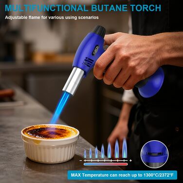 Нагрівач для крем-брюле, заправний, міні-розмір з регулюванням полум'я, для десертів, BBQ (бутан не входить) (синьо-чорний)