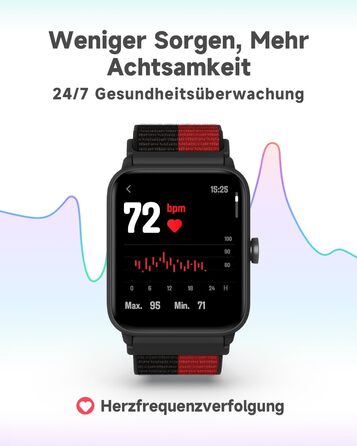 Смарт-годинник BIGGERFIVE для дітей, фітнес-трекер з пульсометром, крокоміром, моніторингом сну, водонепроникний (5ATM), будильник, 1.5' HD-сенсорний екран, для дівчаток та хлопчиків 3-14 років, ремінець нейлон, чорний/червоний