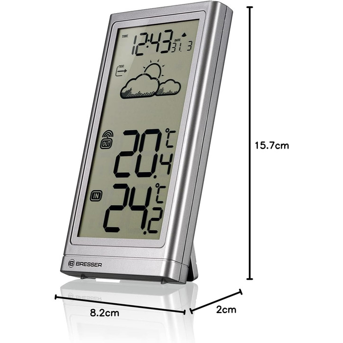 Метеостанція Bresser Meteo Temp з датчиком температури (вуличний/кімнатний), прогнозом погоди, підставкою та кріпленням на стіну, срібляста
