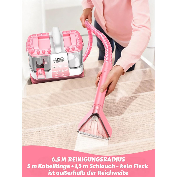 Портативний мийник для м'яких меблів 600W, 16Kpa, з розчином 500мл та 5 насадками. Для диванів, килимів, авто та сходин. Легкий та компактний, рожевий колір