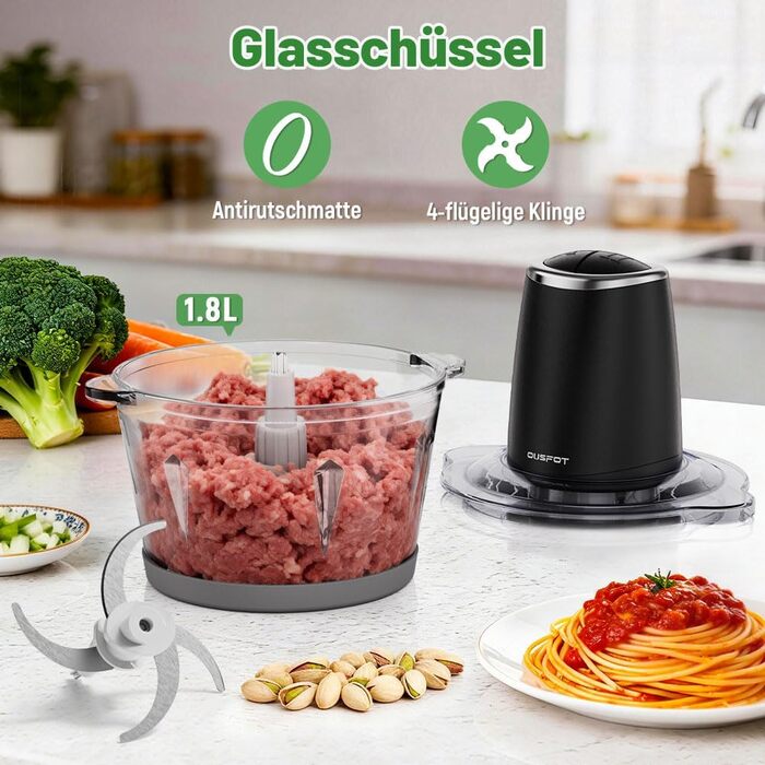 Електричний подрібнювач OUSFOT Multizerkleinerer, 1.8L, 500W, з скляною чашею. Підходить для овочів, фруктів, м'яса. Чорний.