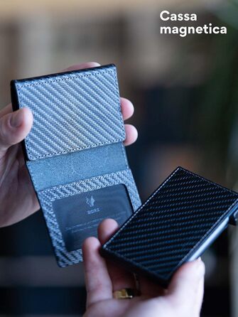 MAXUS MAGNETIC 2: Тонкий гаманець з відділом для монет, сумісний з AirTag, RFID захистом, з натуральної шкіри (Carbon Leather - Sky Blue Case)