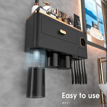 IHave Wall-Mounted Toothbrush Holder, Bathroom Toothbrush Holder with Toothpaste Dispenser, 3 Cup Toothbrush Holder with Drawer, Large Capacity Toothbrush Organizer Bathroom Black Gold