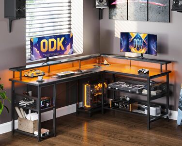 Ігровий стіл ODK з LED, кутовий, з розетками та USB, велика карбонова поверхня 168×120 см, чорний