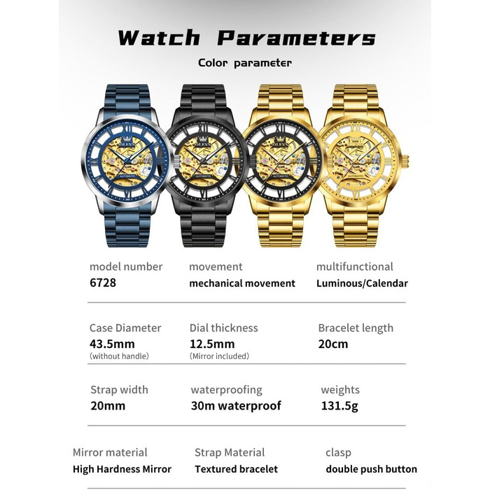 Чоловічий годинник OLEVS 6728 з автопідзаводом: механічний турбійон, водонепроникний, сталевий ремінець та підсвітка, чорний колір