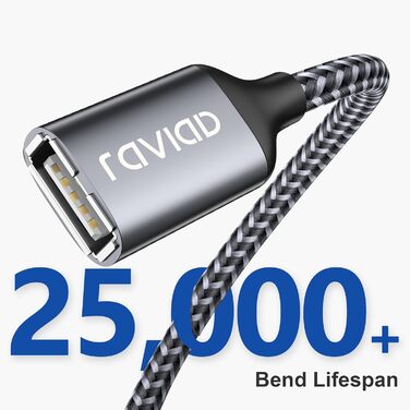 USB подовжувач RAVIAD 3м, USB 2.0, A-A, нейлон, сірий. Для картрідерів, клавіатур, принтерів, сканерів, камер, хабів