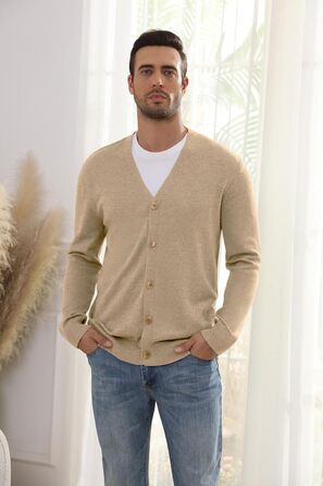 Чоловічий в'язаний кардиган вінтажного стилю з ґудзиками, з довгим рукавом, V-подібний виріз, легкий та теплий на осінь/зиму, бежевий, розмір M