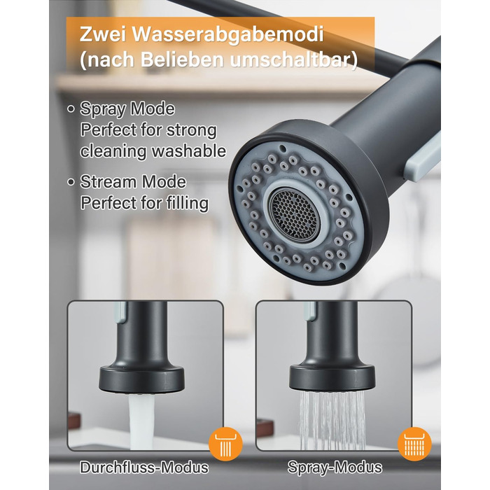 Кухвонний змішувач Hbronzeshower з висувною лійкою, 360° поворот, нержавіюча сталь, чорний