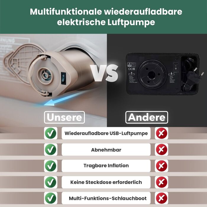 Надувне ліжко Aerios для 2 осіб з вбудованим USB-C насосом | Преміум гостьове ліжко без кабелю живлення | Надувне ліжко - виберіть розмір! Бежевий двоспальний