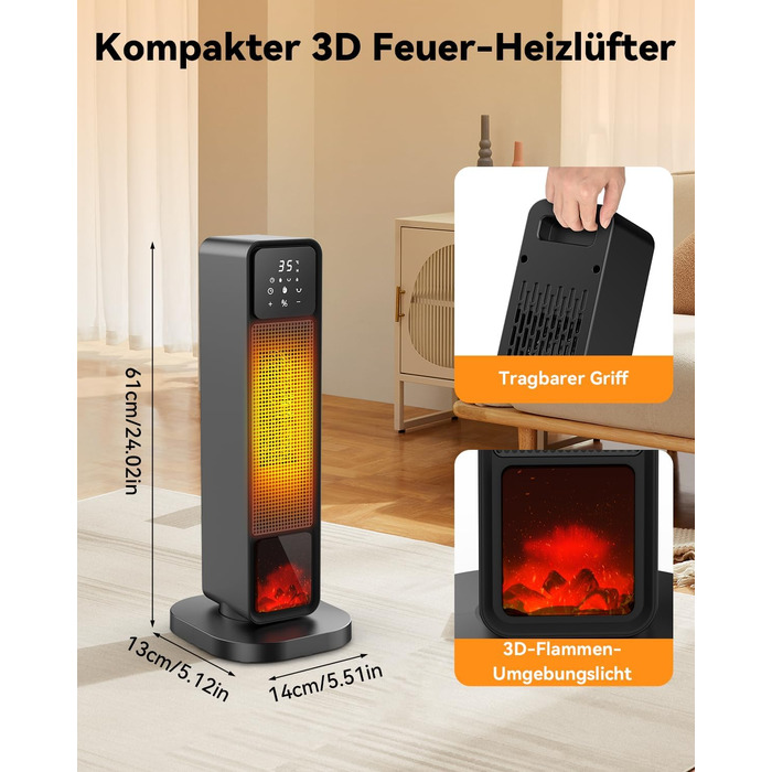 Ефективний енергозберігаючий обігрівач, 1500W PTC кераміка, 34 dB, термостат, таймер 12 год, захист від перегріву та перекидання, з пульт дистанційного керування (матовий чорний)