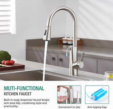 Кран кухонний CREA Wasserfall висувний з дозатором мила, нержавіюча сталь, 360° обертання, 4 режими, з душем