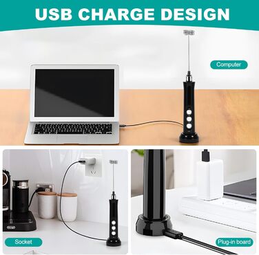 Електричний пінозбивач для молока SUNJULY, USB, 3 швидкості, для кави, лате, капучино, матча, збивання яєць (чорний)