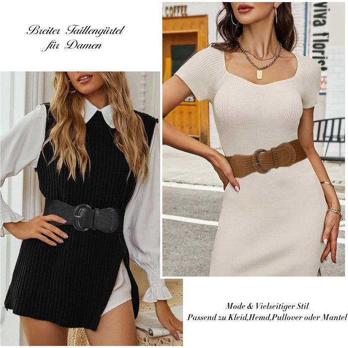 Жіночий широкий еластичний ремінь JasGood 2 шт. для суконь та джинсів. Колір: чорний/коричневий. Розмір M (76-90 см)