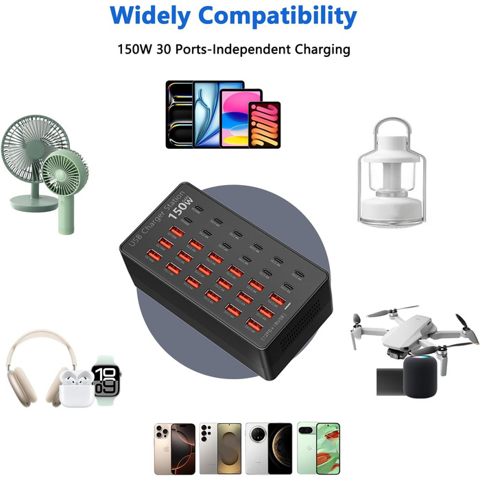 USB-станція зарядки 30 портів 150W USB-C, хаб для iPhone/Samsung/Pixel/планшетів. Мережевий адаптер живлення