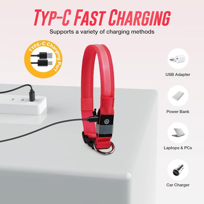 Світлодіодне нашийник для собак Jewyow 7 в 1, перезаряджається USB-C, водонепроникний, червоний (M)