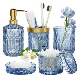 Набір для ванної кімнати скляний 5 предметів Lotionspender синій - розкішний органайзер для ванної (мильниця, стаканчик, тримач для зубних щіток)