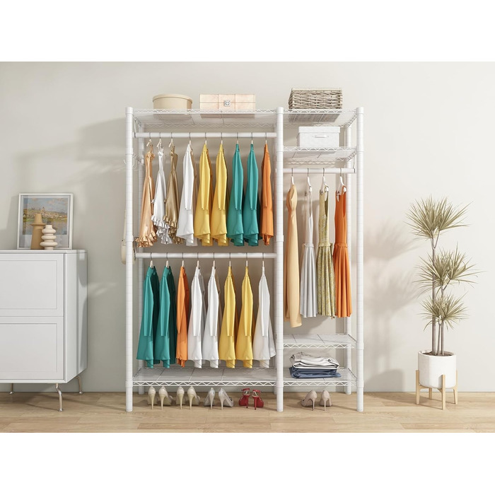KZOBYD Clothes Rack, Freestanding Clothes Rail with Shelf Metal Wardrobe with Hanging Rods Open Closet with 4 Adjustable Shelves for Coats, Dresses, Shoes (White)