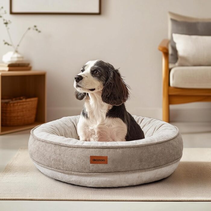 Кругле м'яке ліжко для собак та котів Deconovo, діаметр 61 см, ортопедичне, знімний кошик, Khaki