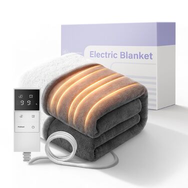 Електрична гріюча ковдра з 9 зон нагріву, таймером та функцією пам'яті, 160x120 см. Двостороння фланель та штучне хутро. Для 1 особи/дивану