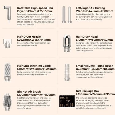 UKLISS 8-в-1 Pro Airstyler: Фен-щітка, локони, стайлер для волосся. Потужність 1400W, 110,000RPM, комплект для створення зачісок. Подарунок для жінок
