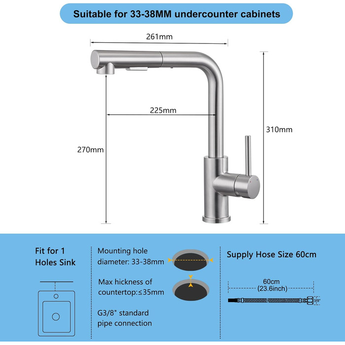 Кухонний змішувач висувний BONADE з душем, 360° поворот, змішувач для кухні з 2 струменями, з нержавіючої сталі, однорідний